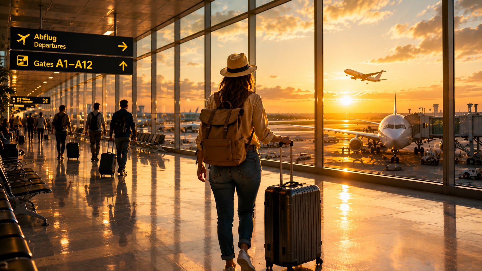 Flughafen‑Terminal bei Sonnenuntergang mit Reisenden am Gate, Koffer und Boarding‑Schildern – Symbolbild für Airport‑Vlog und Flight‑Recap