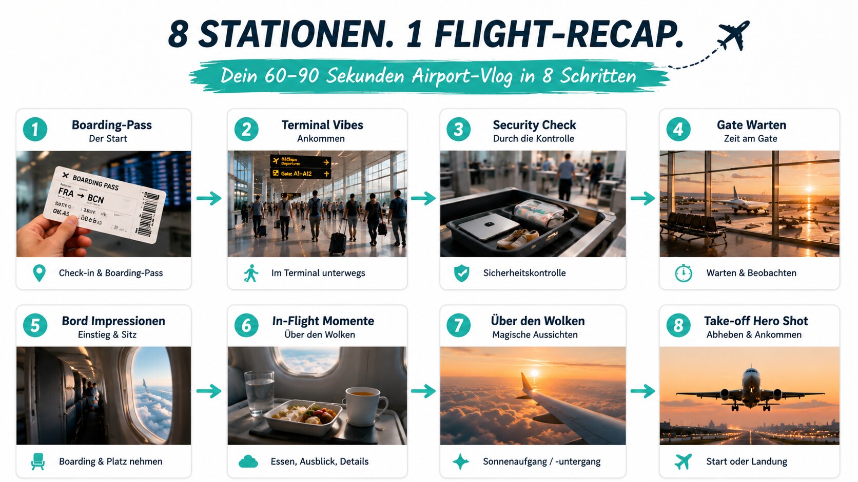 Acht Stationen eines Flughafen‑Workflows – vom Check‑In bis zum Take‑off – visualisiert in einer Schritt‑für‑Schritt‑Collage