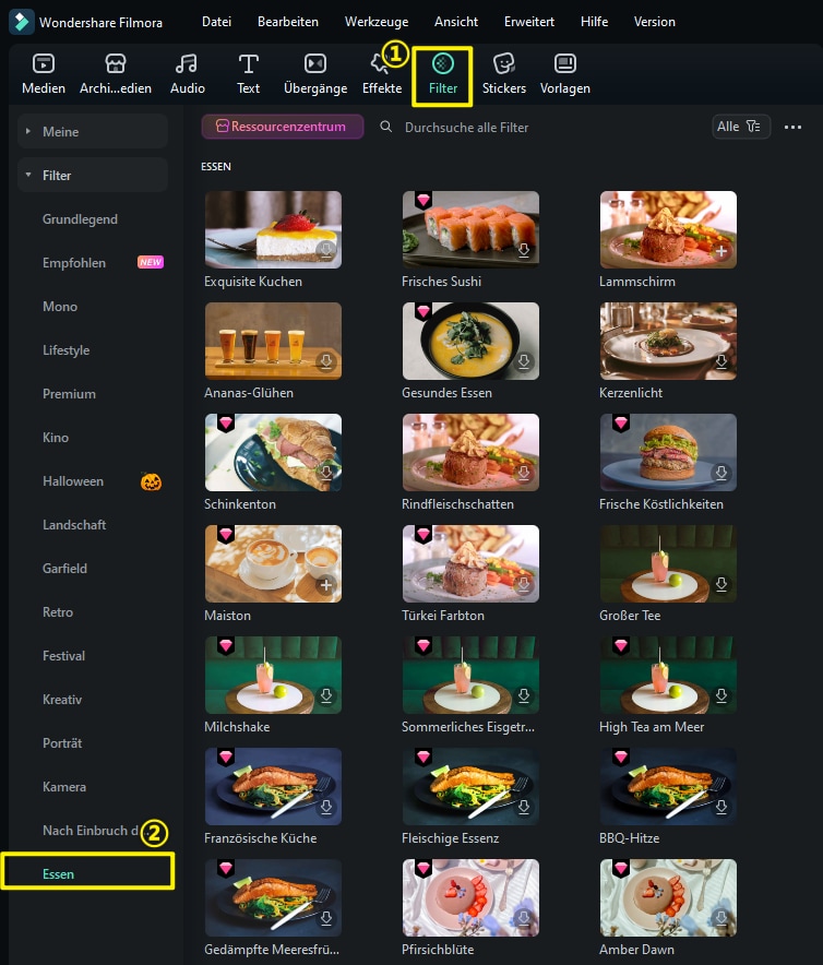 Verwenden Sie Filter für Essen von Filmora, um Food-Videos wie Profi zu erstellen.