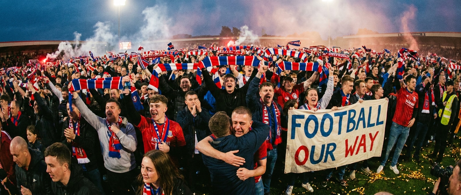 Fußballfinale-Atmosphäre mit jubelnden Fans und emotionaler Stimmung