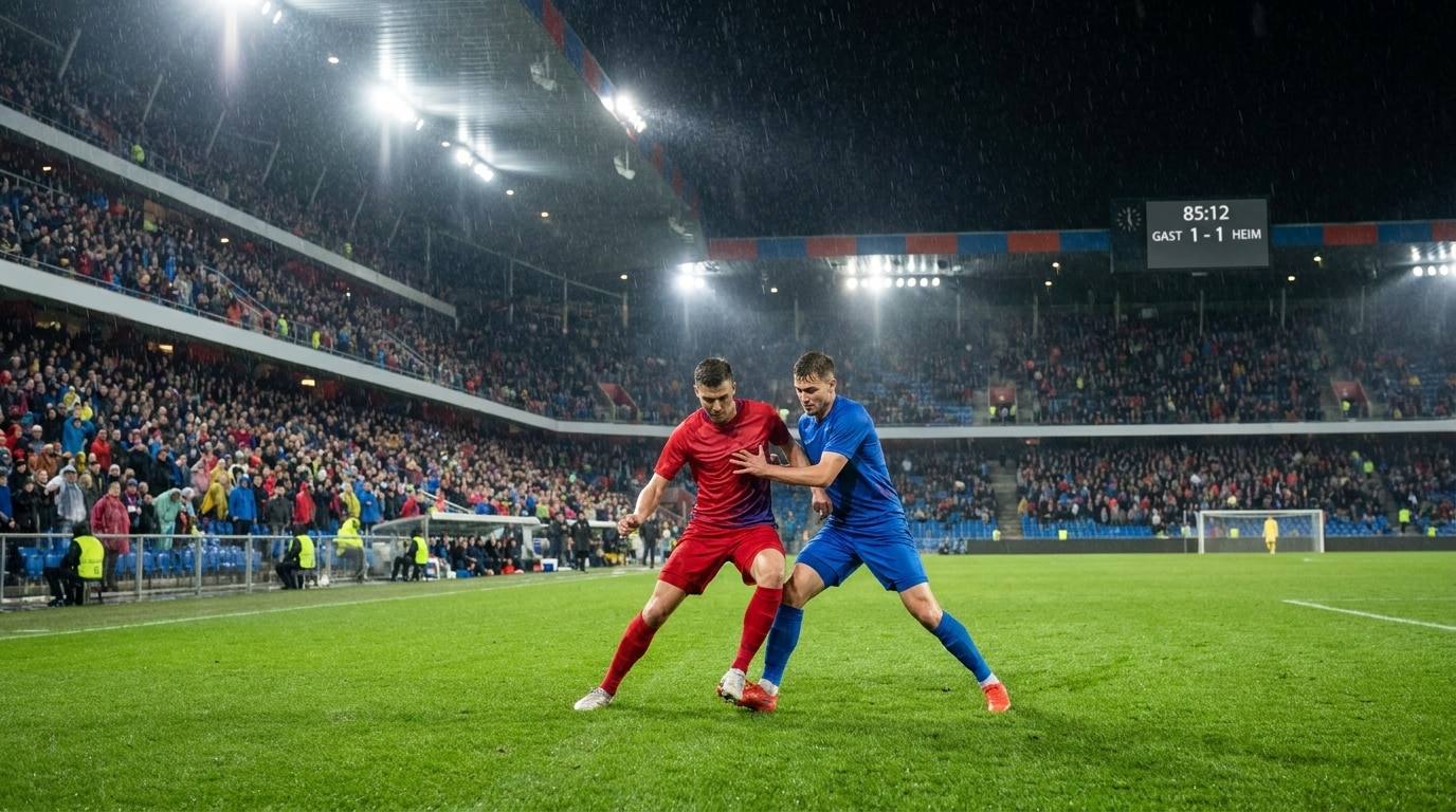 Dynamische Fußballszene mit starker Emotion und Stadionatmosphäre