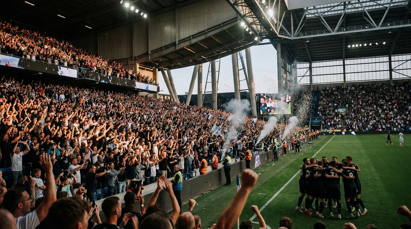 Fußballatmosphäre im Stadion – Fans, Lichterketten und bewegte Menge als visuell starkes Kurzvideo-Motiv