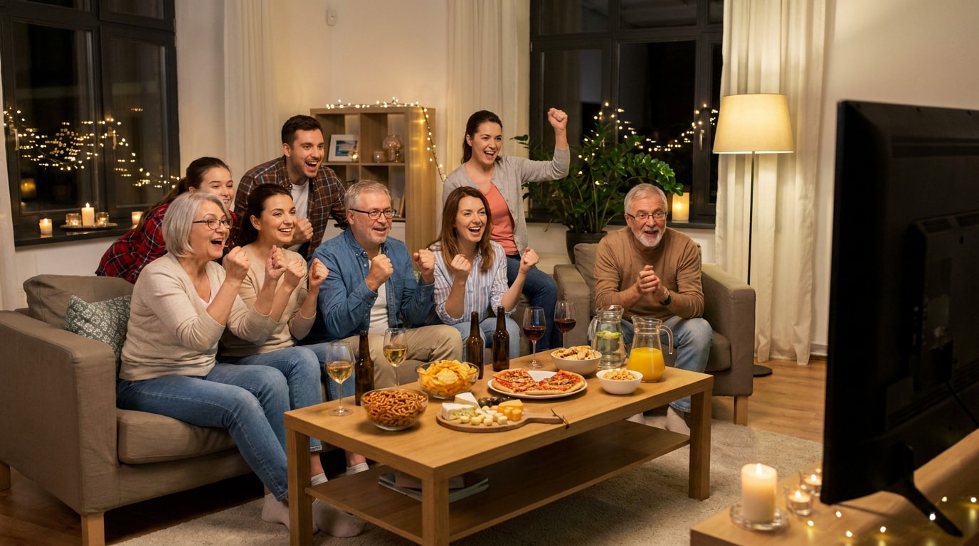 Fußball Watch Party mit Freunden und Familie in gemütlicher Atmosphäre