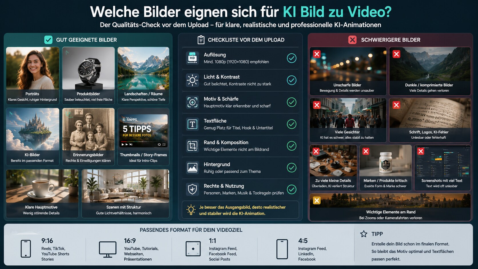 Bildqualität vor dem Upload für KI Bild zu Video prüfen