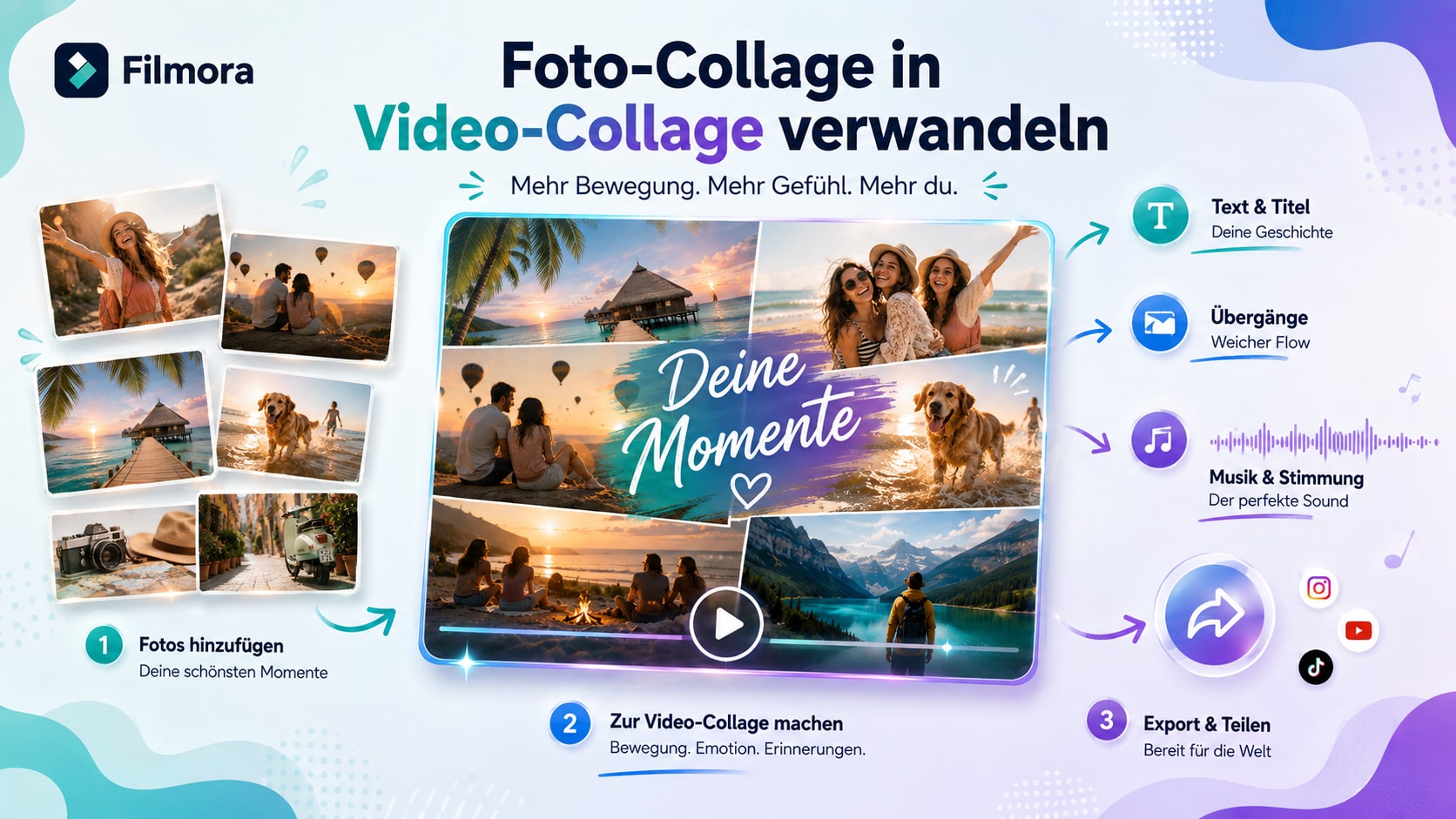 Filmora Timeline mit Fotos Grußtext Musik Voiceover Vorschau und Export für WhatsApp Grußvideo