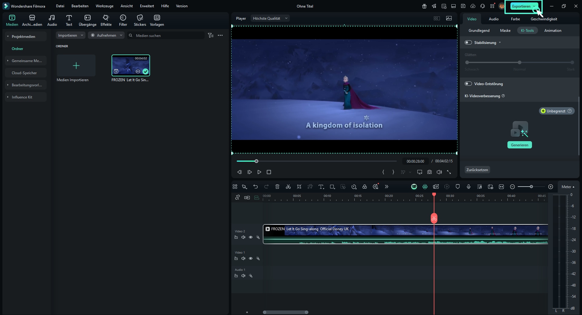 Nach der Bearbeitung klicken Sie auf „Exportieren“, wählen Format und Qualität (z. B. 1080p oder 4K), und speichern Sie den Film lokal auf Ihrem Gerät.