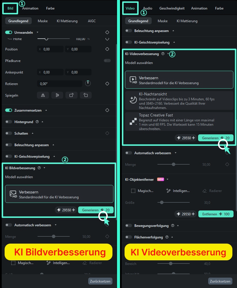 Screenshot der Filmora-Bearbeitungsoberfläche mit den Funktionsbereichen „KI-Bildverbesserung“ auf der linken Seite und „KI-Videoverbesserung“ auf der rechten Seite. Hervorgehoben sind die jeweiligen Einstiege in den Reitern „Bild“ und „Video“ sowie die Generieren-Schaltflächen.