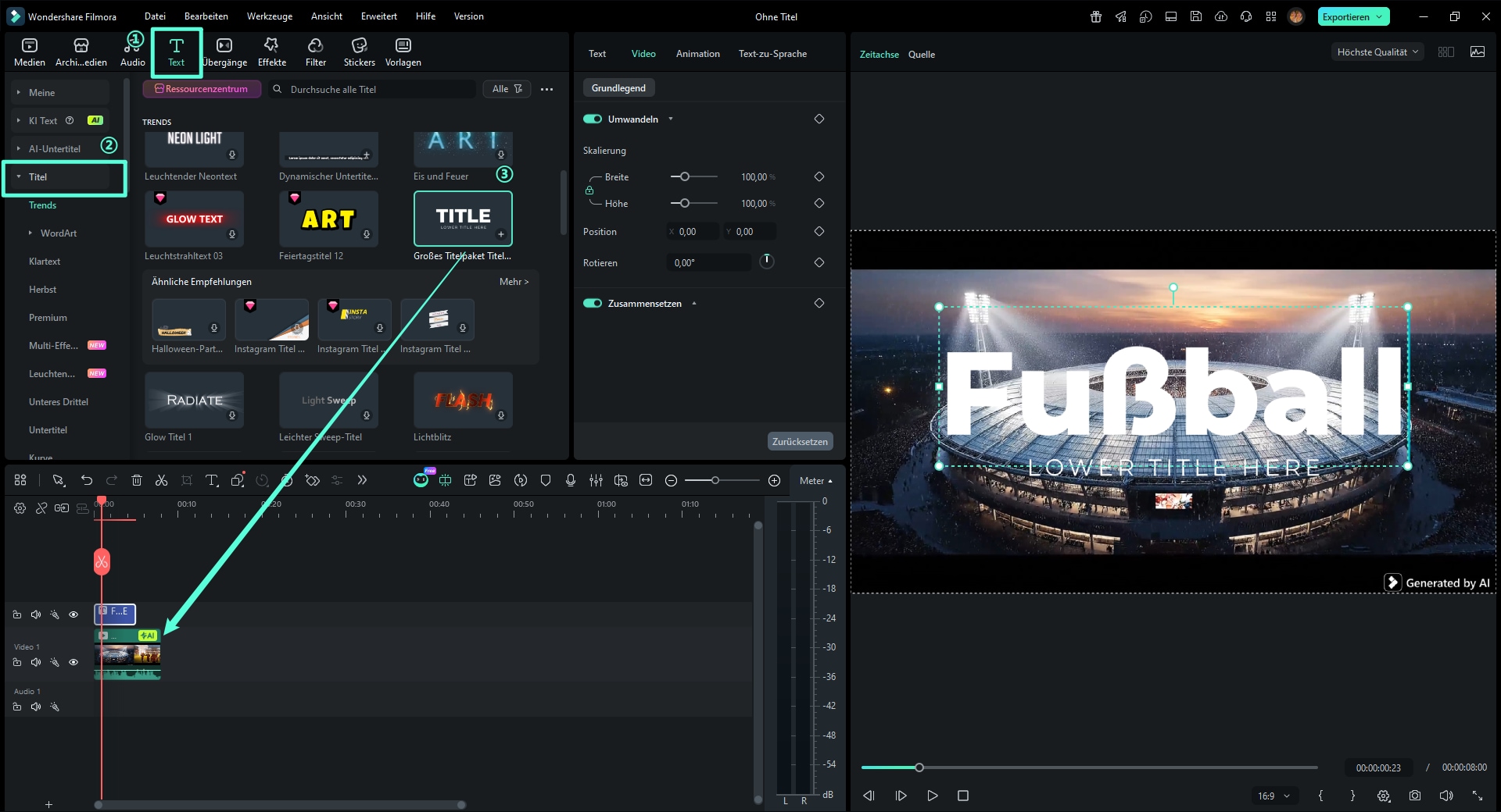 Effekte und Sound für ein TikTok-Fußball-Edit in Filmora