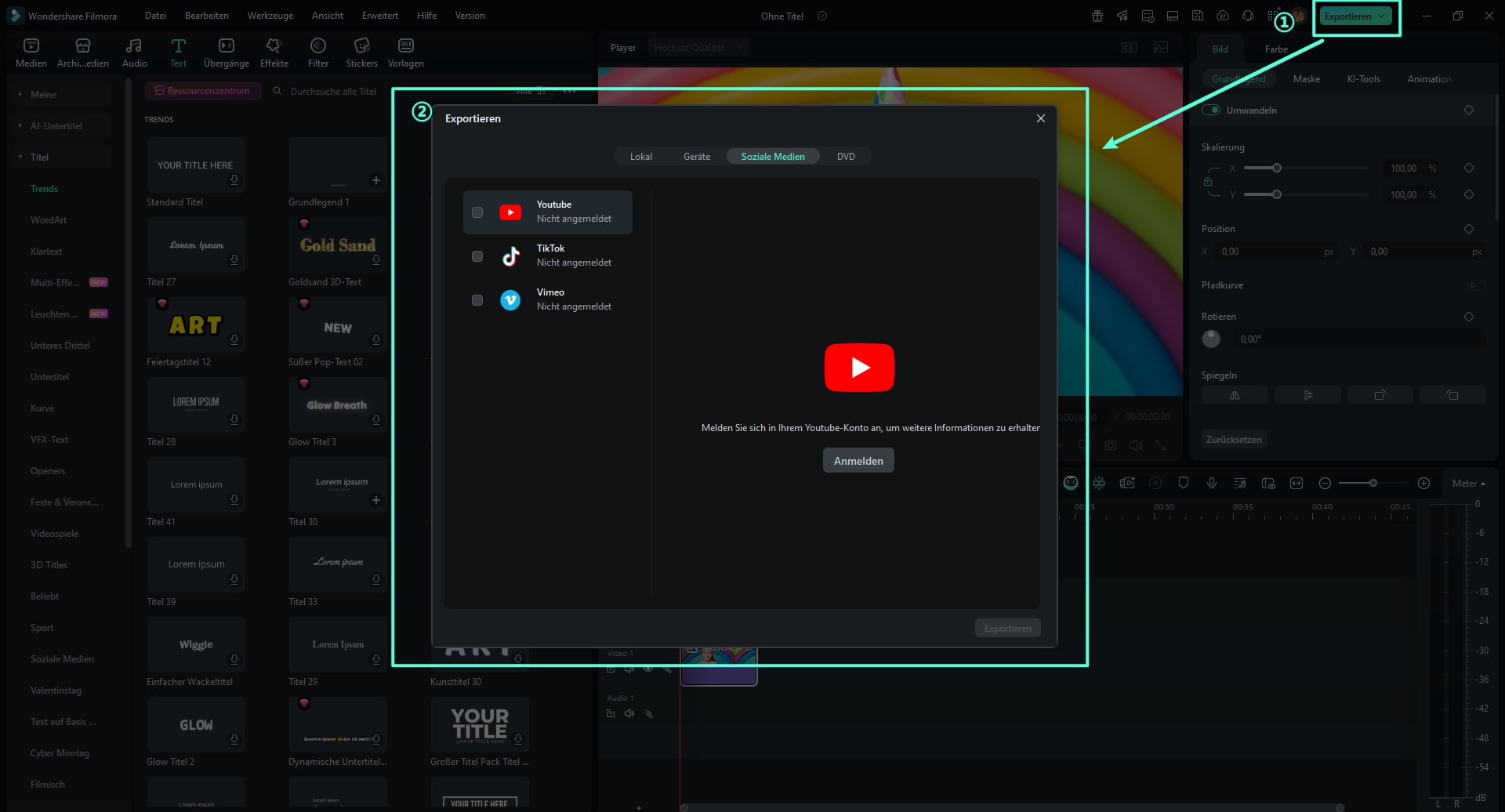 Export in hoher Qualität (MP4, MOV, GIF) & Upload zu YouTube, Instagram oder lokal speichern