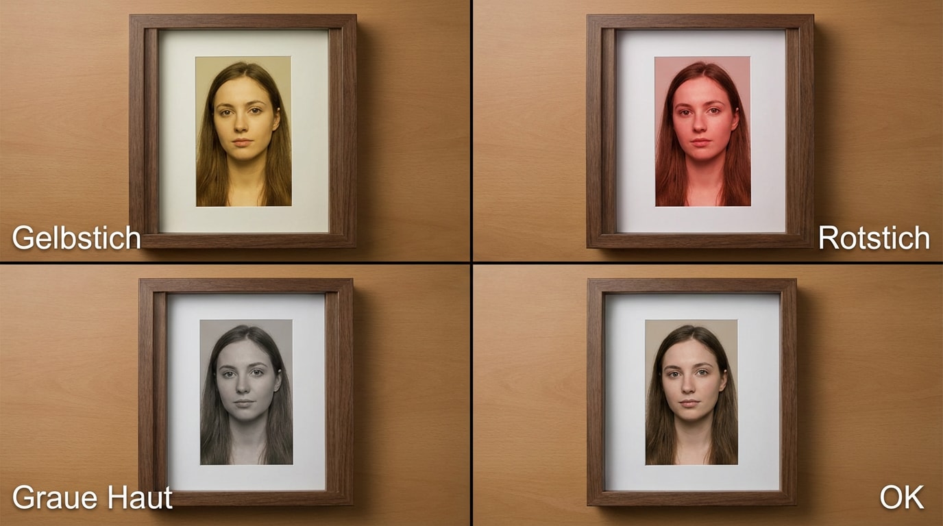 Vier Felder: Gelbstich, Rotstich, graue Haut und OK