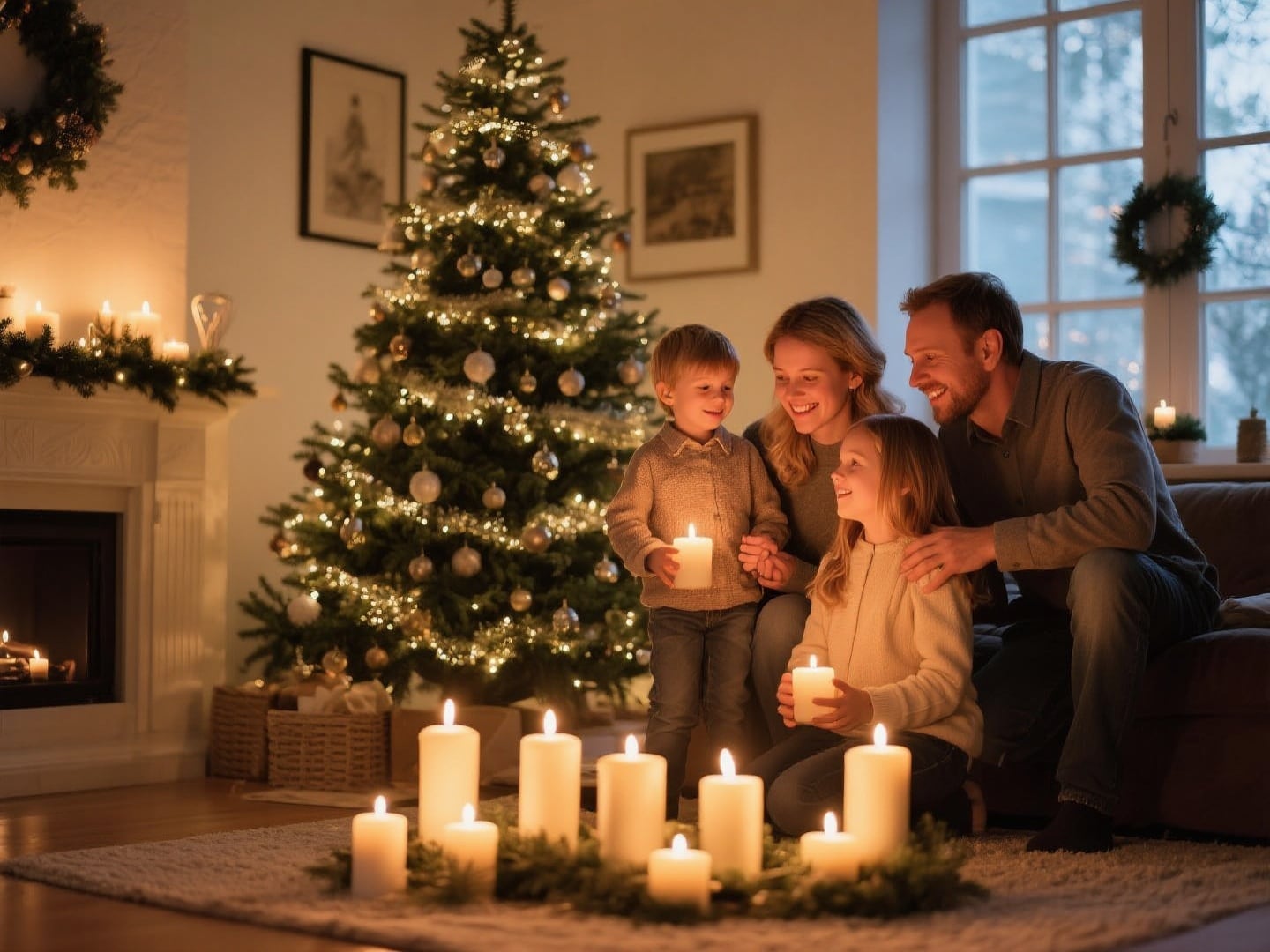 Gemütliche deutsche Familie vor Weihnachtsbaum mit Kerzen
