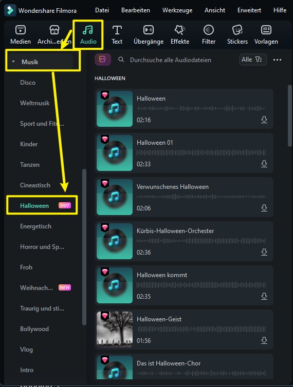 Integrieren Sie eine fröhliche, aber thematisch passende Halloween Playlist aus der lizenzfreien Bibliothek von Filmora.