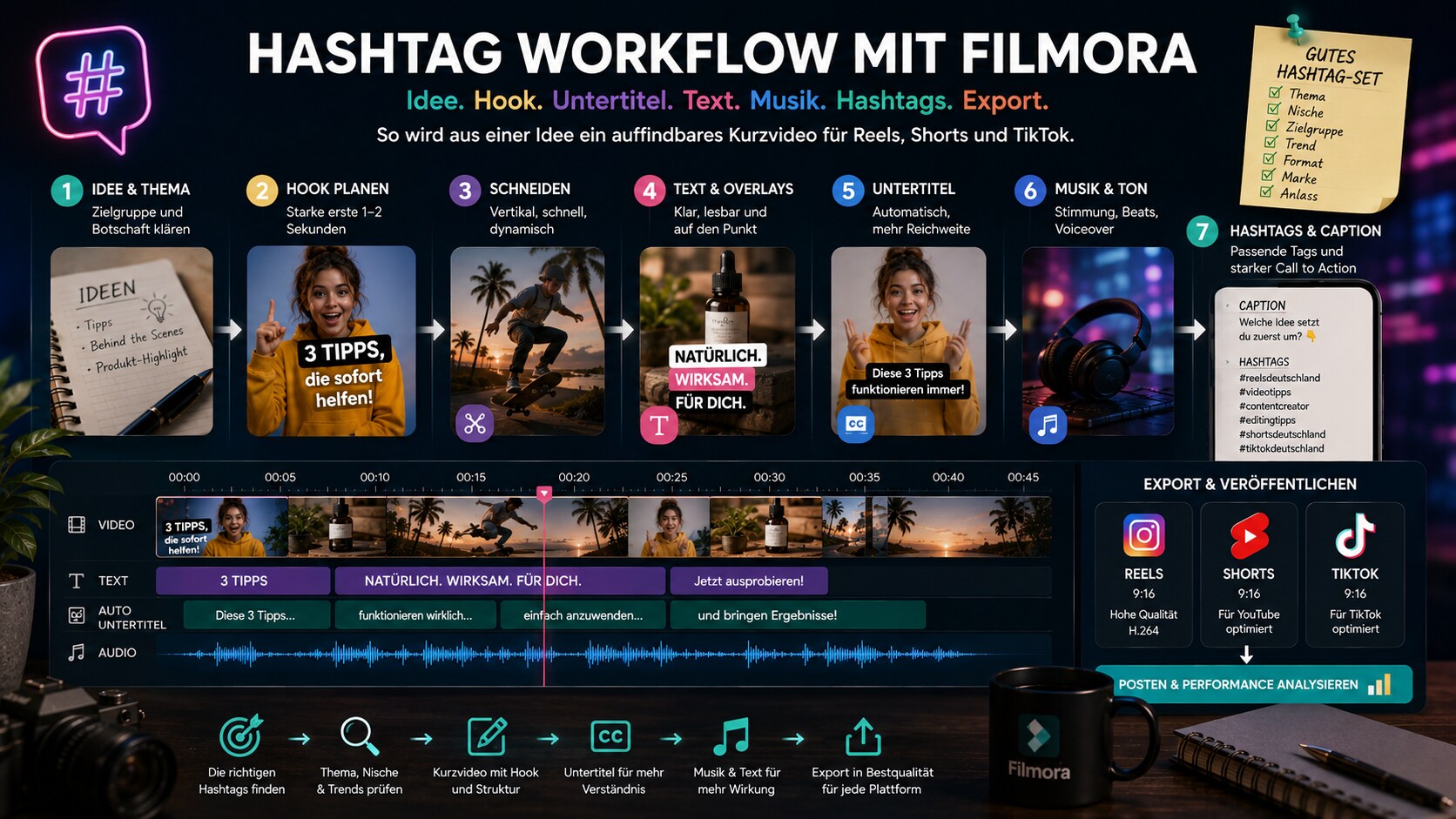 Filmora Workflow für Hashtag Video mit Hook Untertiteln Text Overlay und Exportvarianten