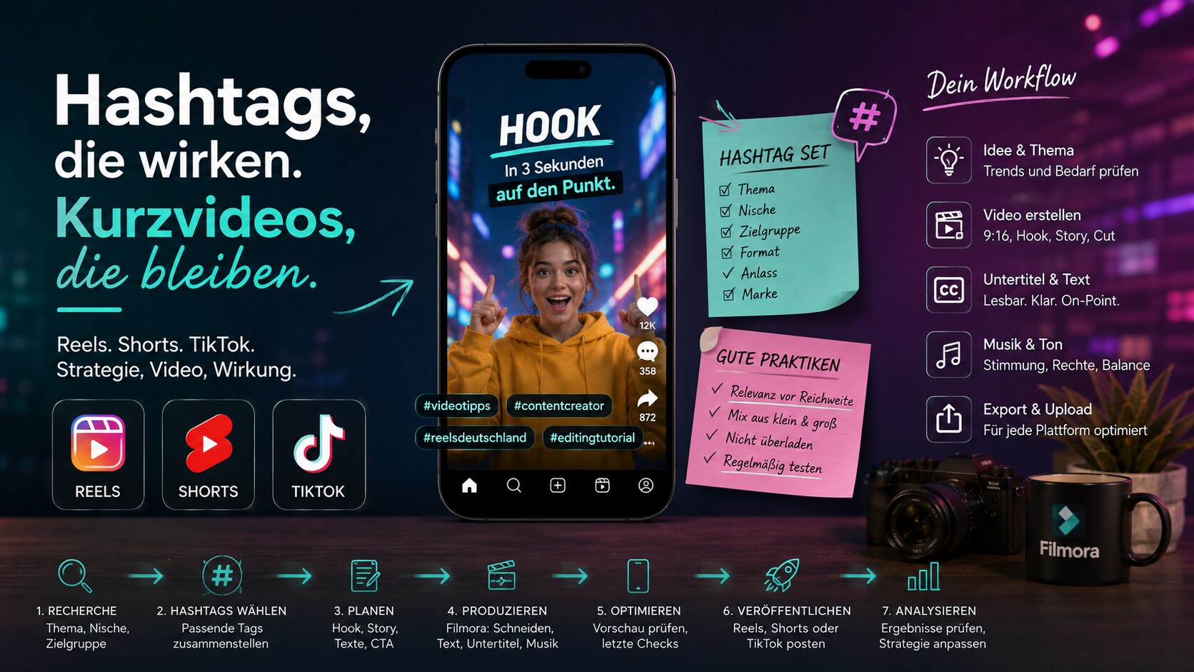 Hashtags für Reels Shorts und TikTok mit Filmora Kurzvideo Workflow planen