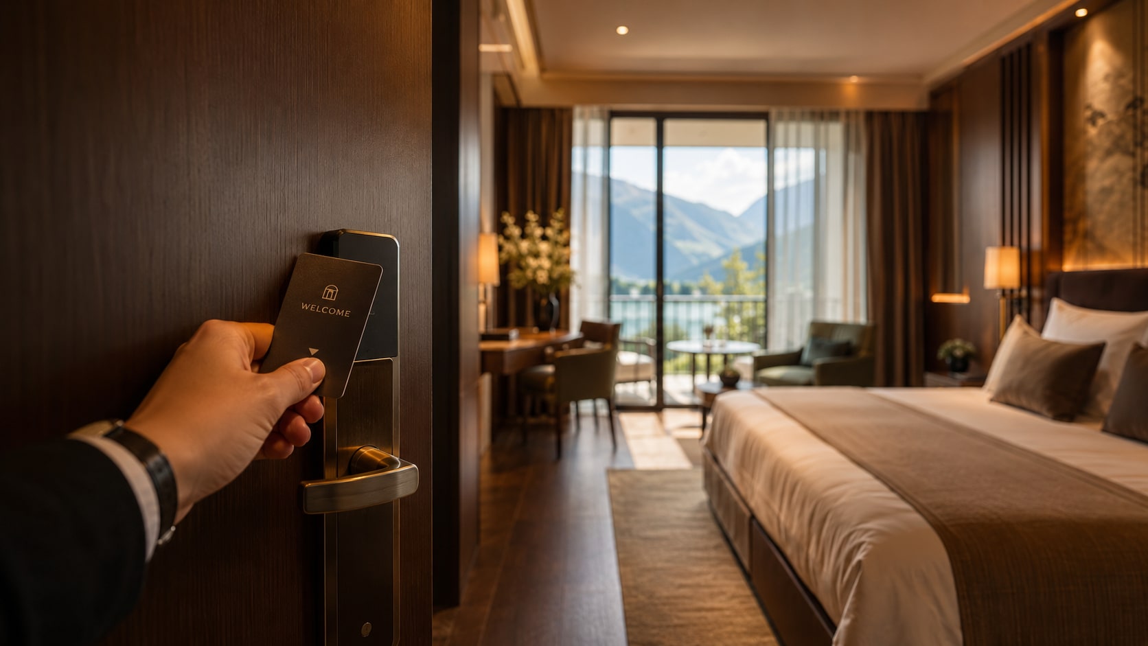 Subjektive Gast-Perspektive mit Concierge-Hand und Schluesselkarte vor aufgehender Suite-Tuer, ohne erkennbare Person im Bildausschnitt
