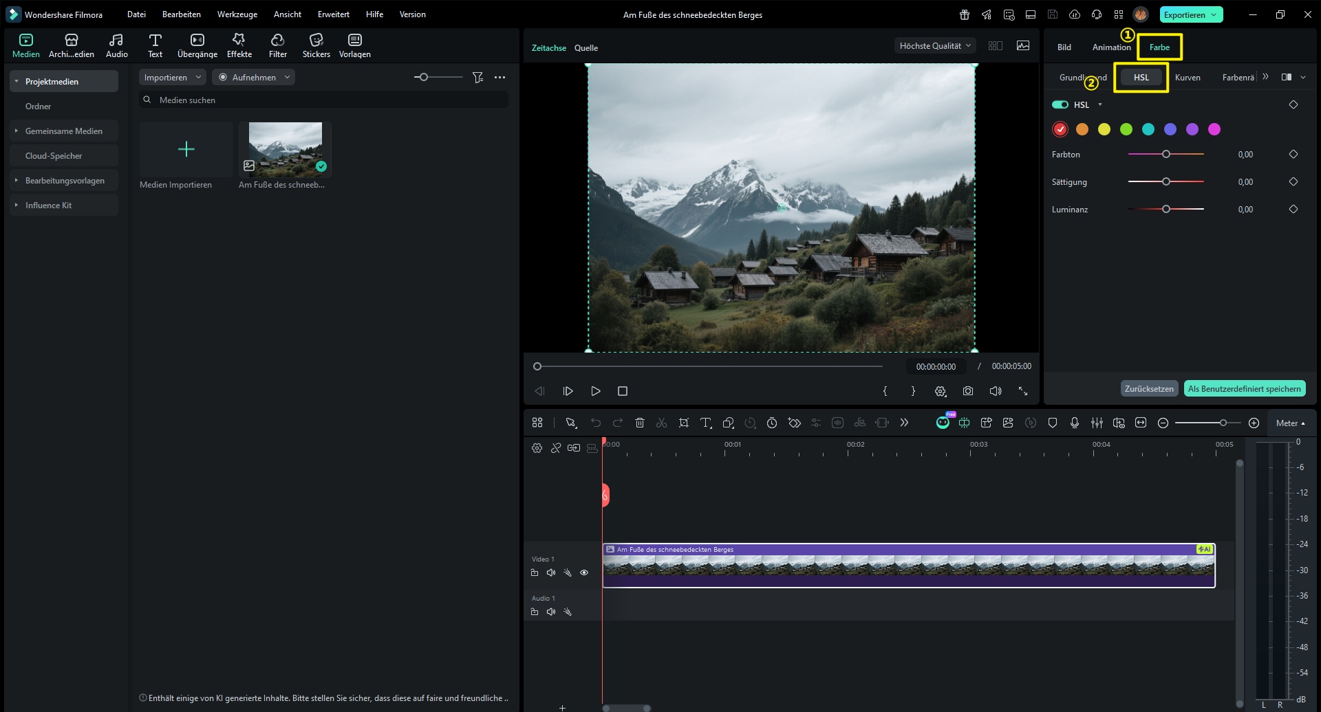 Der HSL Color Picker ist das Herzstück der HSL-Methode. Navigieren Sie zum Reiter Farbe und öffnen Sie das HSL-Panel.