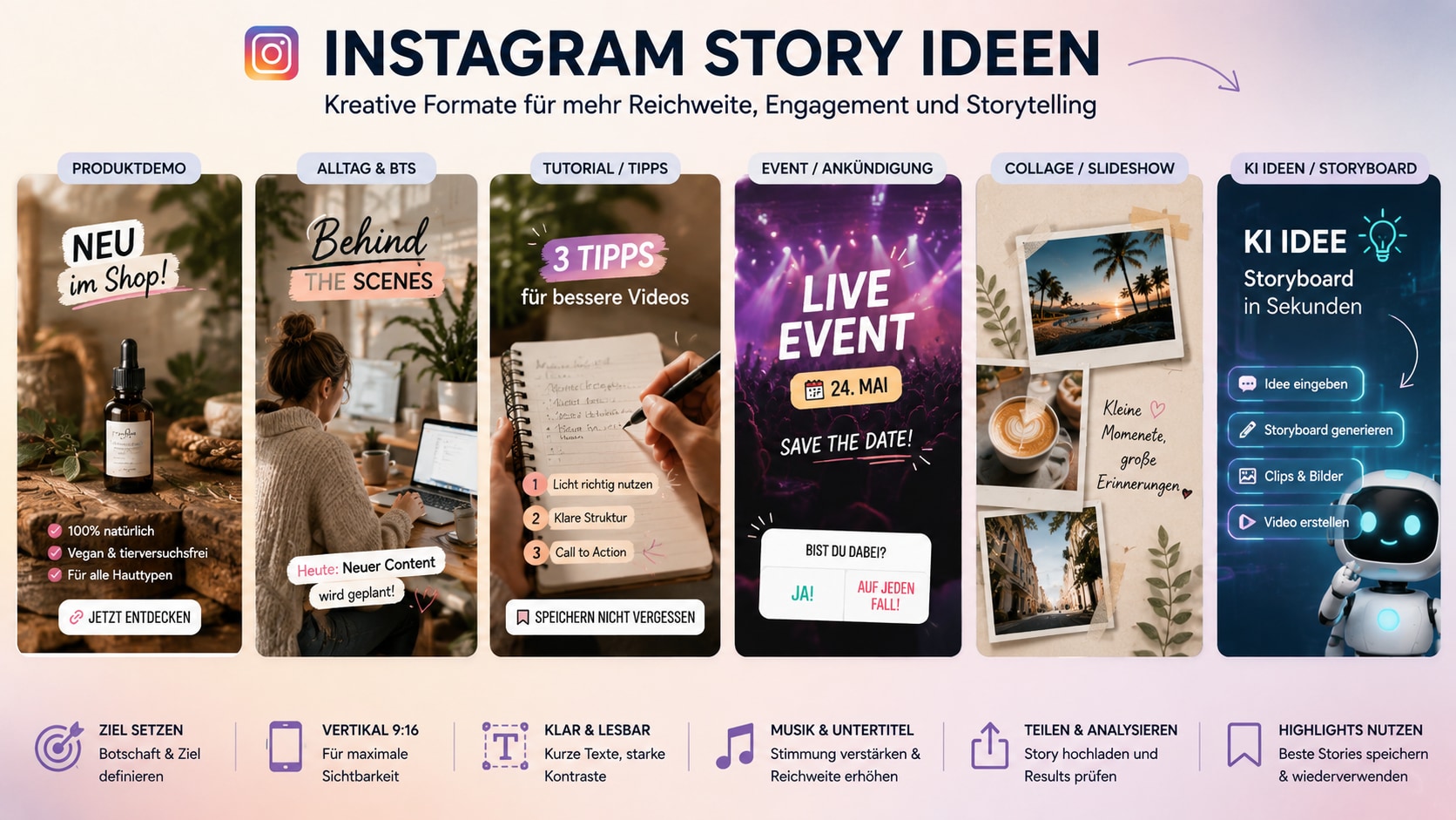 Instagram Story Ideen für Produkt Alltag Tutorial Event und KI Workflow