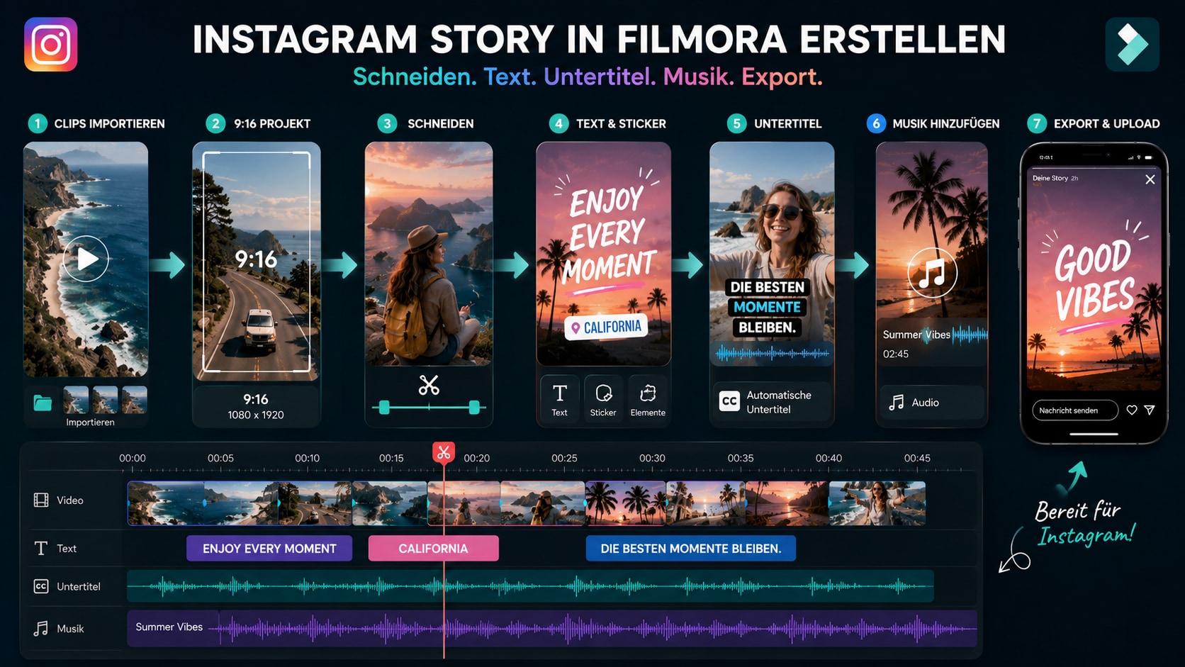 Instagram Story in Filmora schneiden Text Untertitel und Musik hinzufügen
