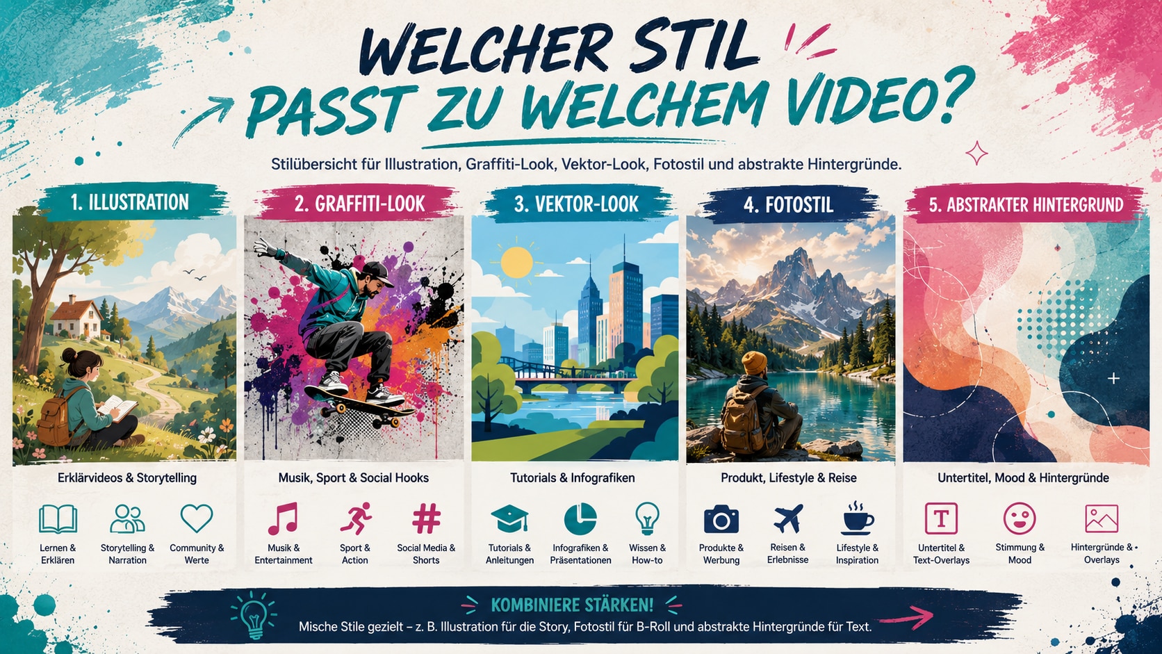 Vergleich von Illustration Graffiti-Look Vektor-Look Fotostil und abstraktem Hintergrund für Videos