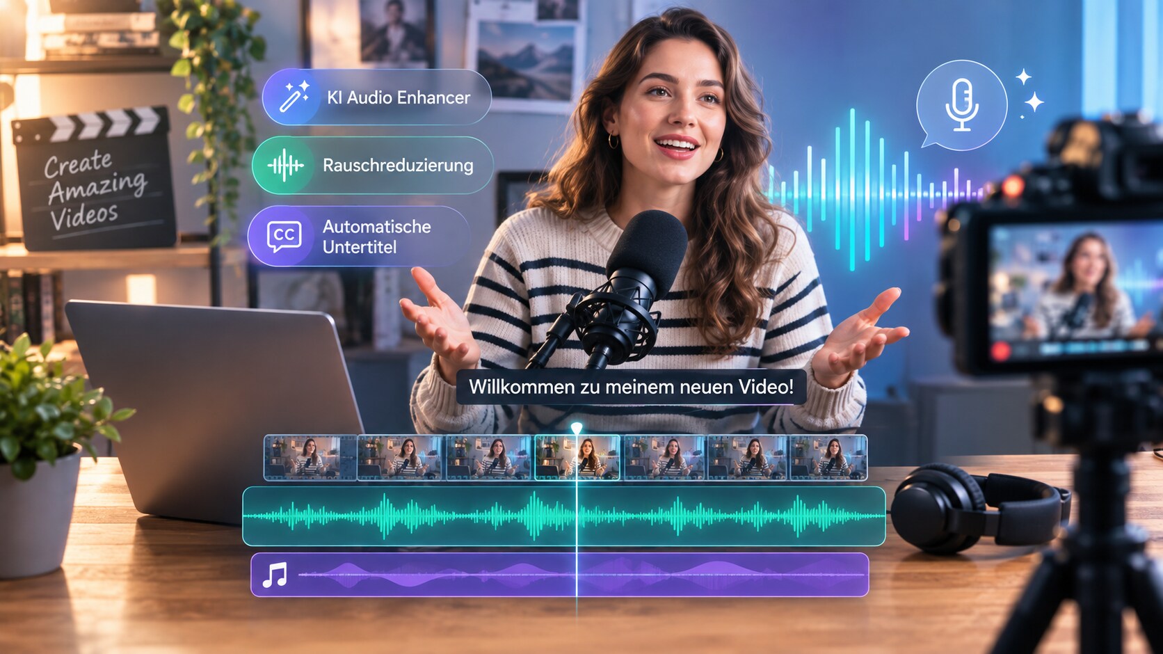 Filmora Timeline mit Video Audio Wellenform Untertiteln und Musik