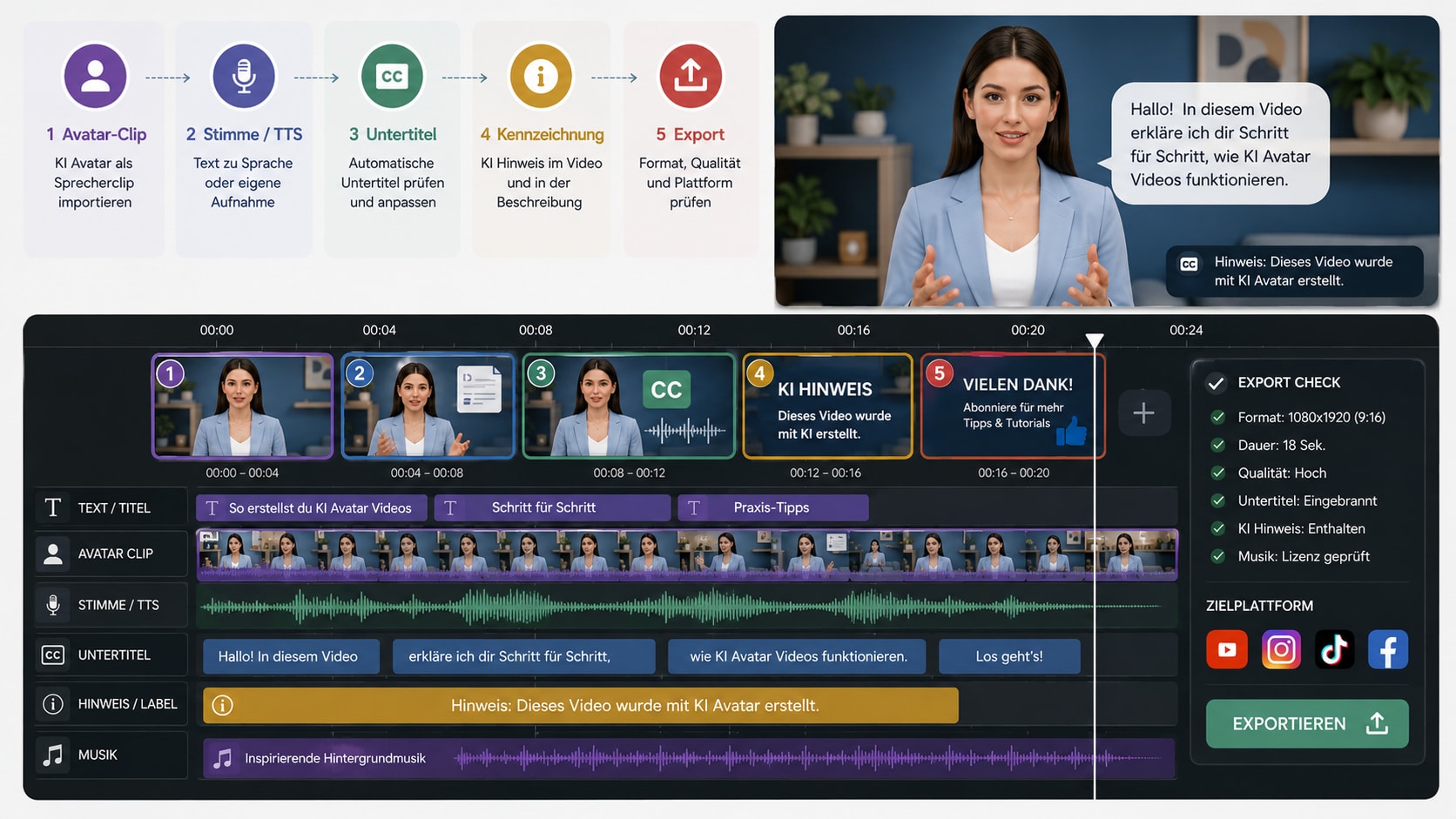 Filmora Timeline mit Avatar Clip Text zu Sprache automatischen Untertiteln Kennzeichnung und Export