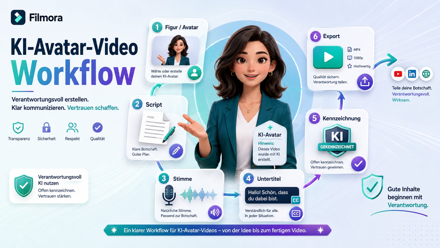 KI Avatar Video Workflow mit Figur Script Stimme Untertiteln und Filmora Timeline