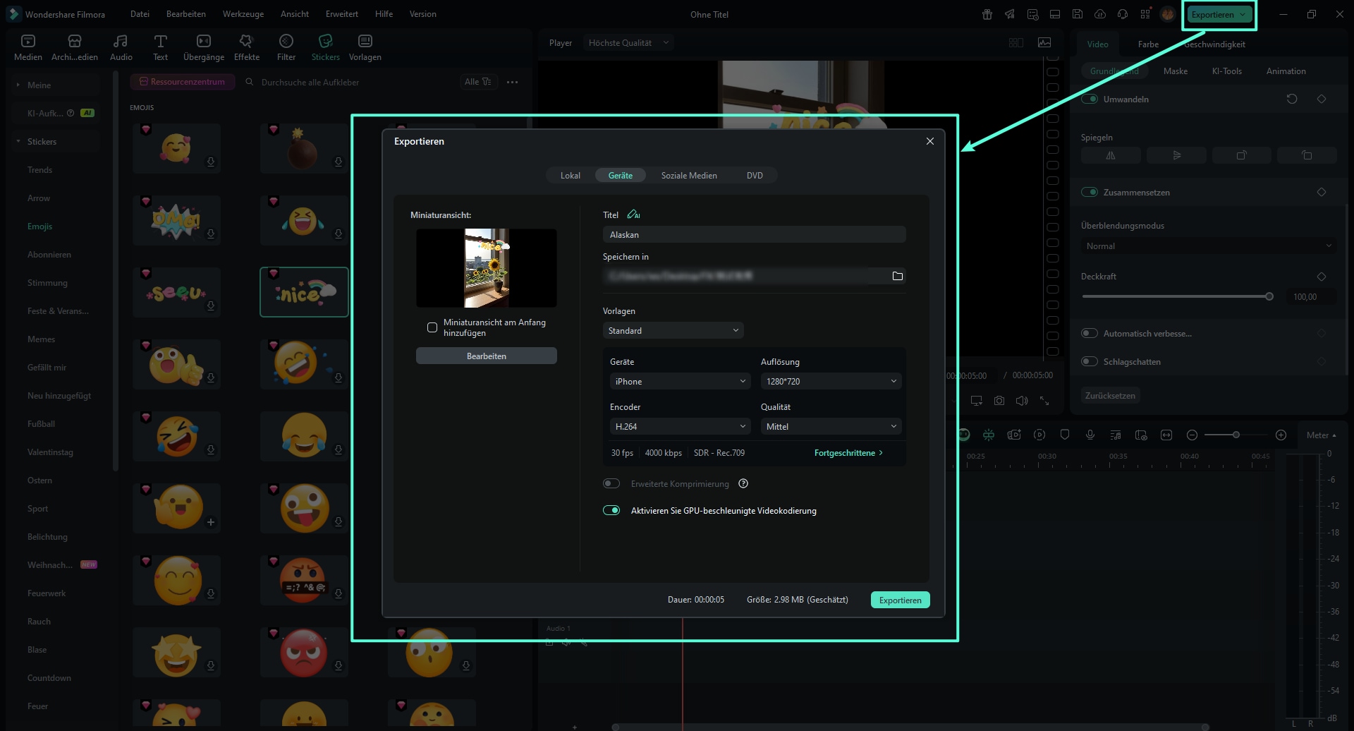 Speichern Sie das Ergebnis. Der Export erfolgt in optimierten Formaten für WhatsApp, Instagram oder andere Messenger. Teilen Sie Ihre personalisierten Guten Morgen Grüße kostenlos direkt per App.