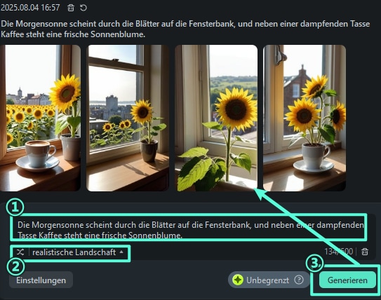 Geben Sie Ihren Spruch ein – z. B. „Guten Morgen Spruch: Heute ist ein neuer Anfang – nutzen Sie ihn mit einem Lächeln.“ – und lassen Sie den KI‑Generator ein Bild dazu erstellen.