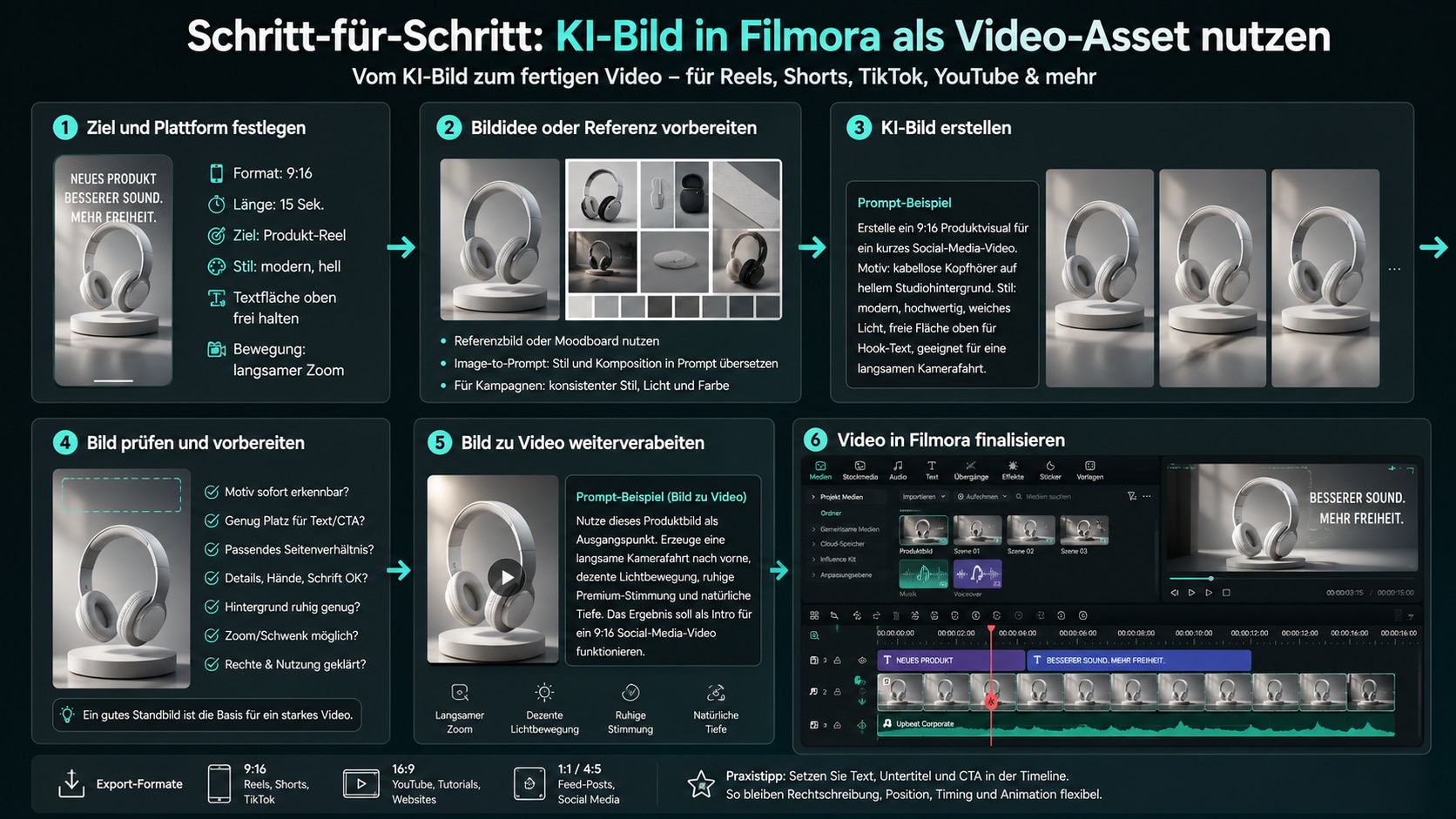 Schritt-für-Schritt-Workflow in Filmora: KI-Bild erstellen, prüfen, animieren und als Video exportieren