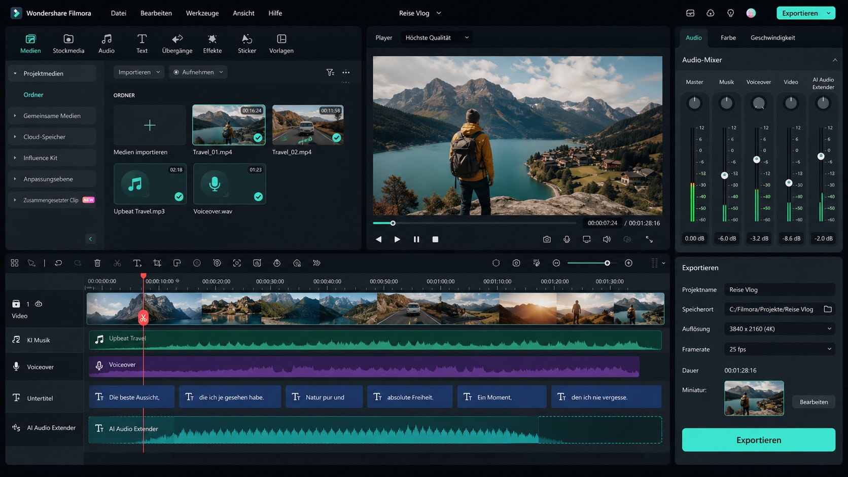 Filmora Timeline mit KI Musik Voiceover automatischen Untertiteln Audio Mixer AI Audio Extender und Export
