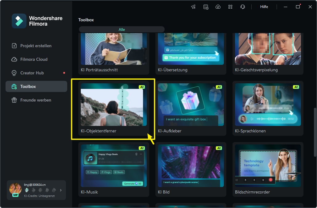 Ziehen Sie Ihr Videomaterial in die Filmora-Timeline oder finden Sie KI-Objektentferner in der Toolbox.