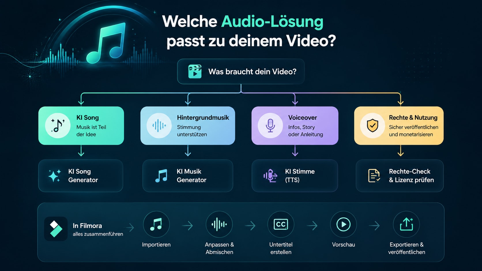 Entscheidung zwischen KI Song Hintergrundmusik Voiceover Rechte Check und Filmora Workflow