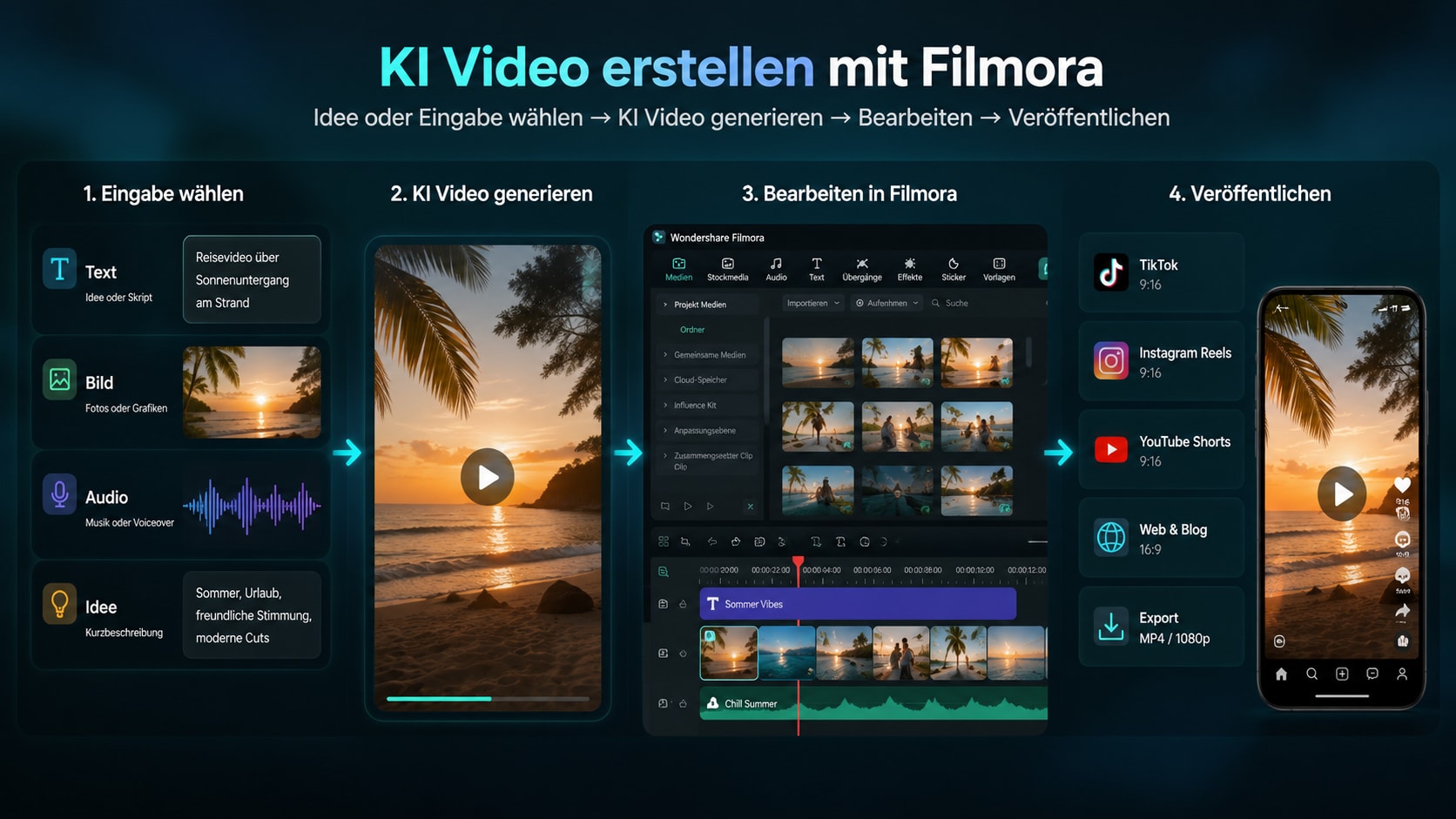 Filmora Workflow zum KI Video erstellen aus Text, Bild, Audio und Ideen