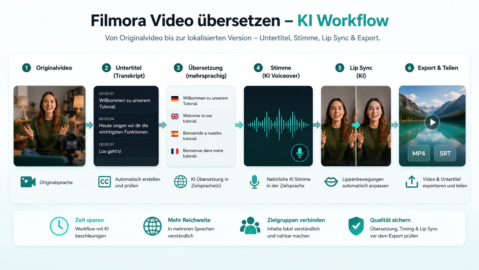Filmora Video übersetzen KI Workflow mit Untertiteln Stimme und Lip Sync