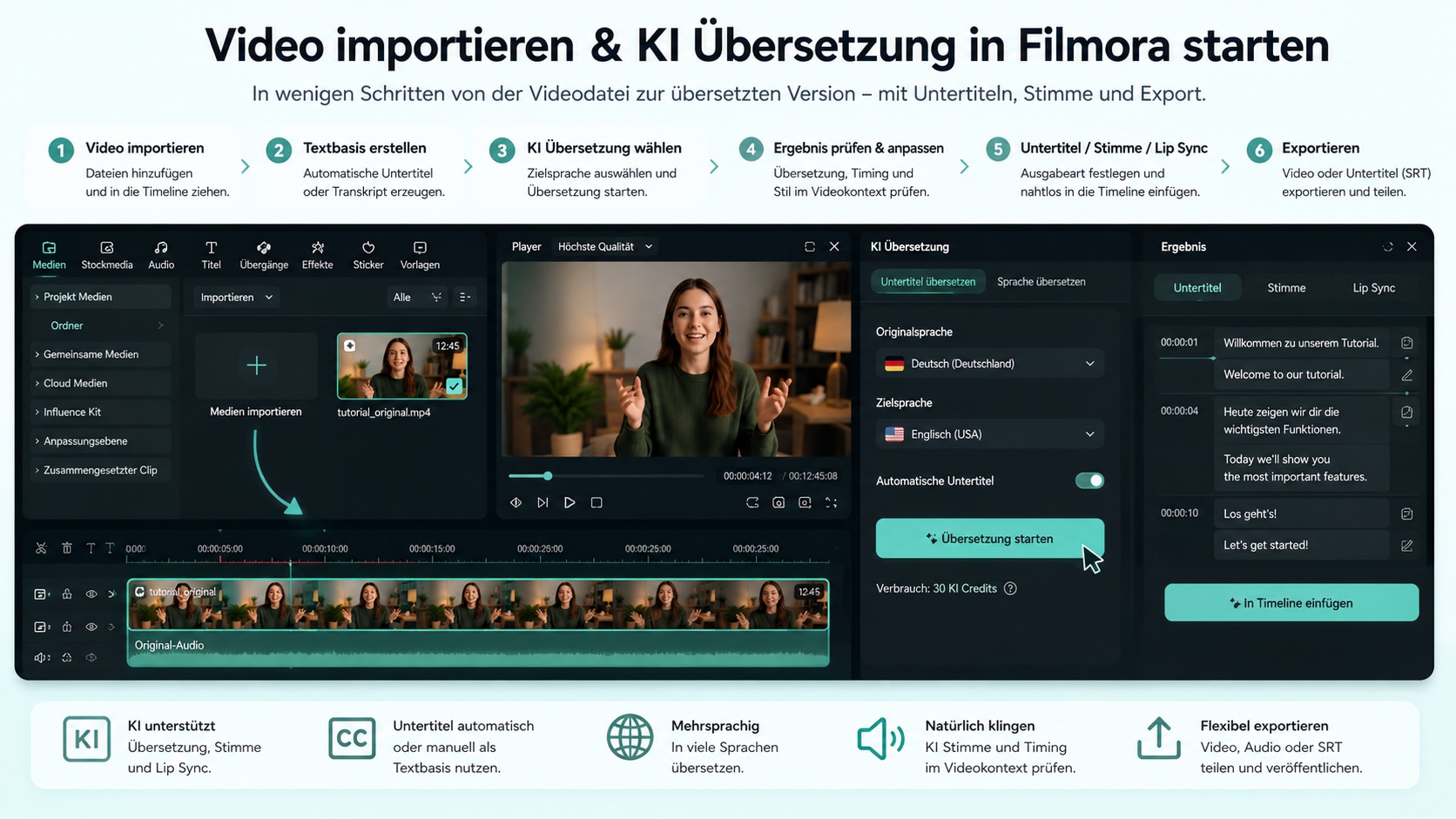 Video importieren und KI Übersetzung in Filmora starten