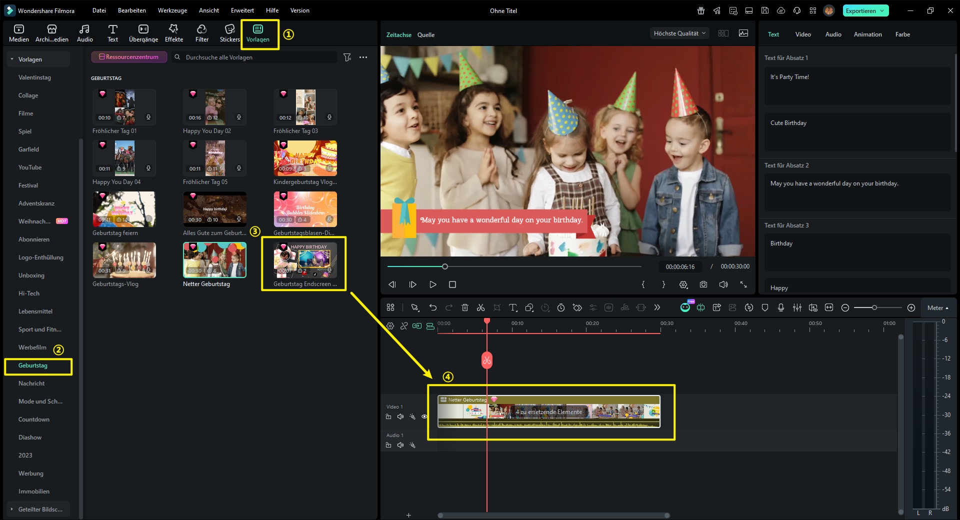 Vorlagenkarten: Shotlist Kindergeburtstag innen und Schnitt-Rhythmus