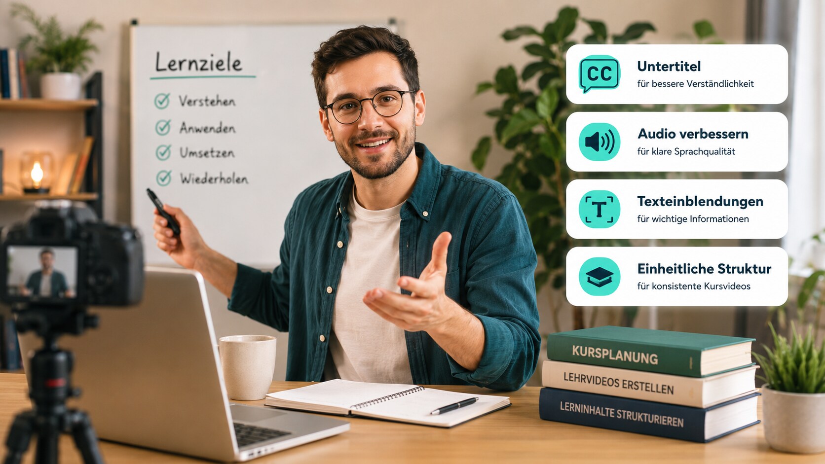 Trainer erklärt Lerninhalte vor der Kamera für einen Online-Kurs mit Untertiteln und strukturierten Lektionen
