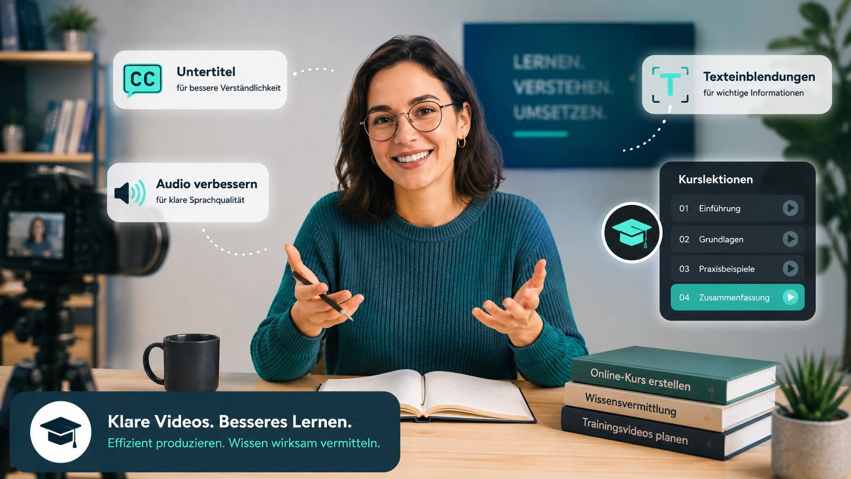 Kursersteller produziert ein Online-Kursvideo mit klarer Struktur, Untertiteln und hochwertiger Audioqualität