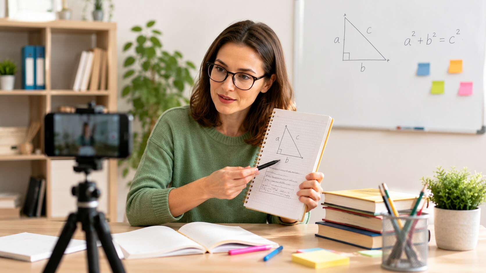 Lehrerin erklärt Mathematik vor der Kamera und erstellt ein Lernvideo für den Unterricht