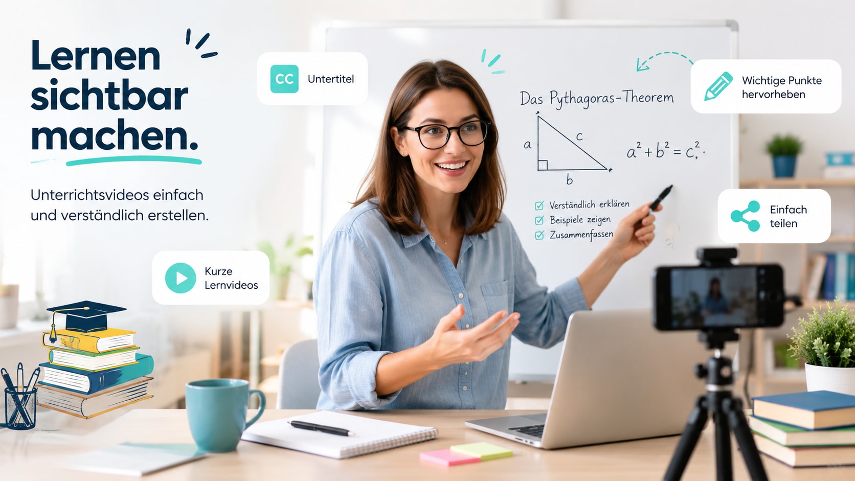 Lehrerin erstellt ein Unterrichtsvideo mit Filmora für verständliche digitale Lerninhalte