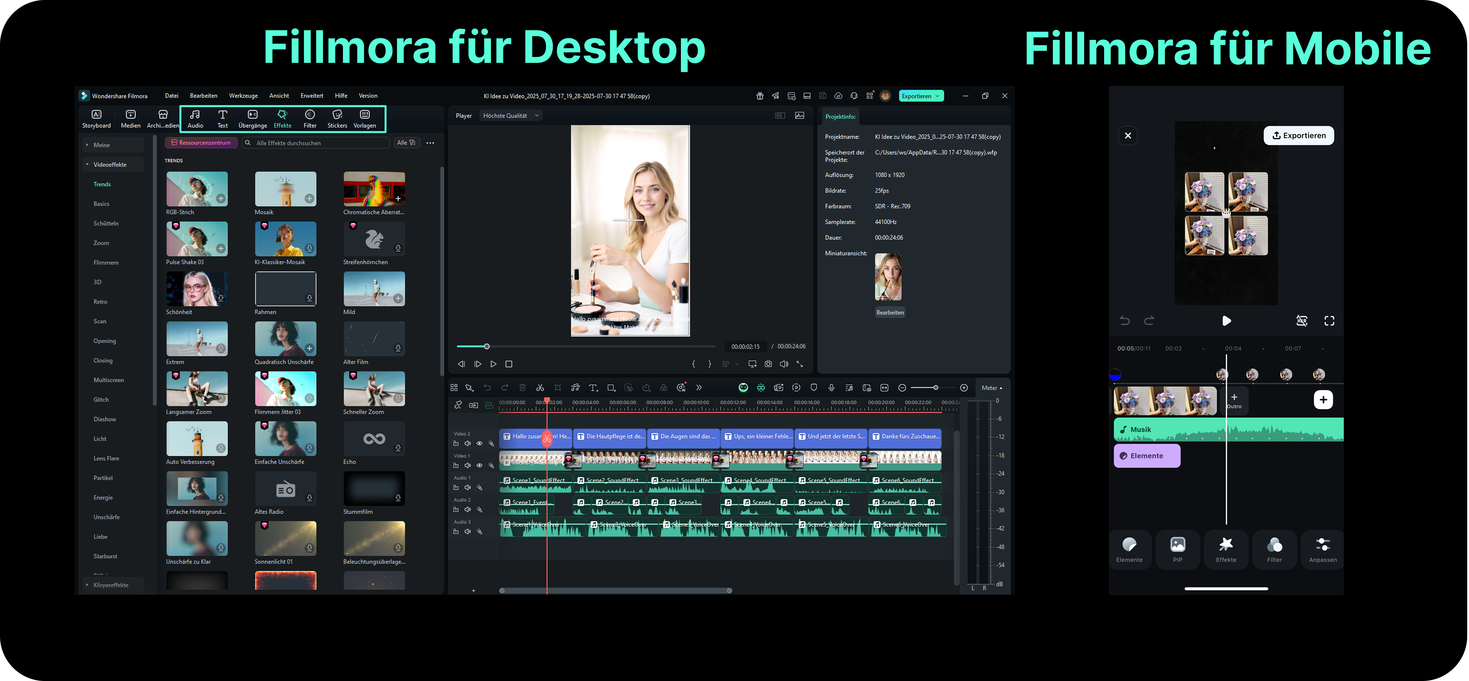 Nach der Aufnahme gelangen Sie direkt in die Bearbeitungsansicht. Schneiden Sie unnötige Passagen heraus, fügen Sie Texteffekte, Soundtracks, Voiceovers oder sogar Motion Graphics hinzu.