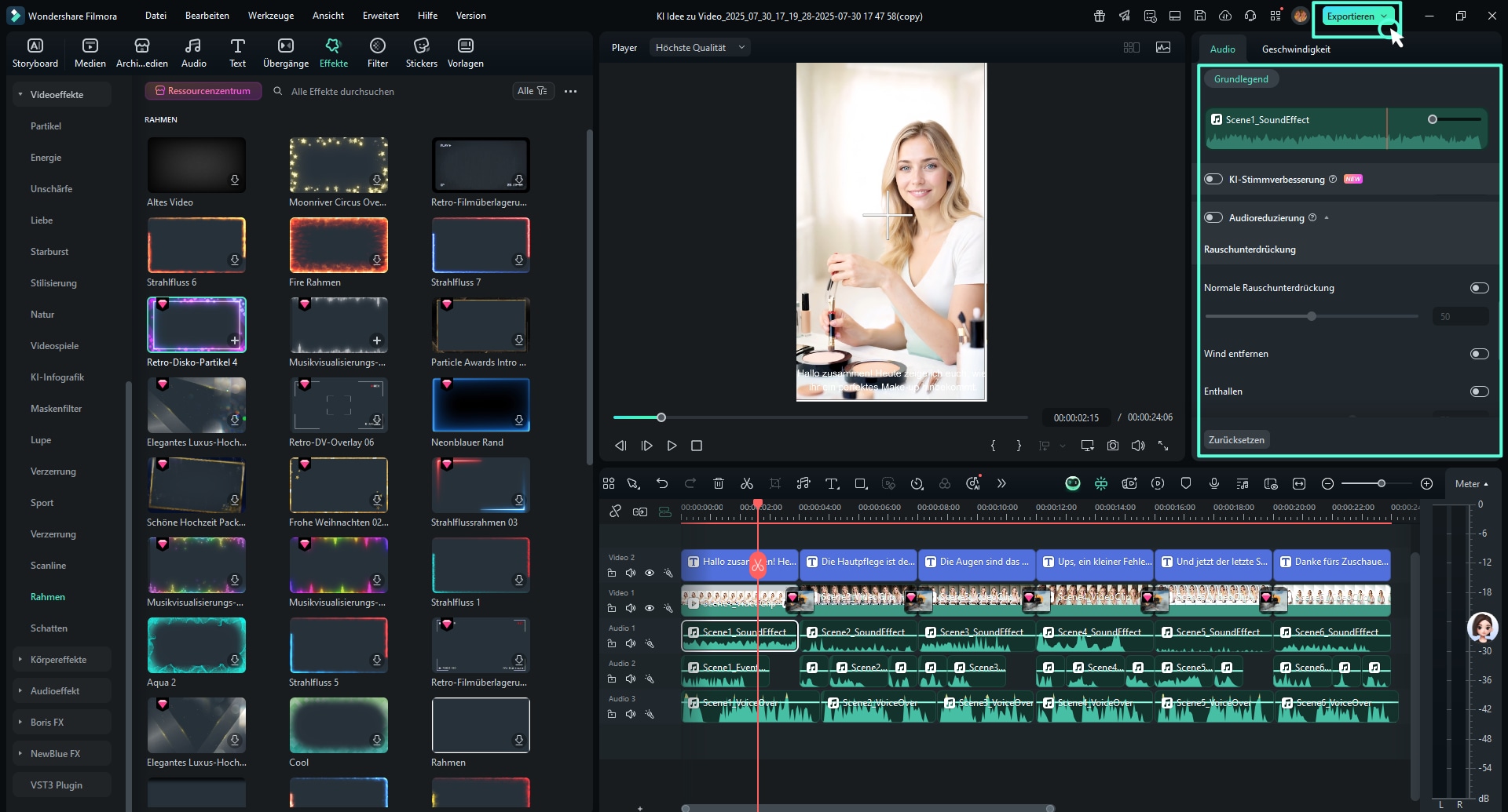 Entfernen Sie Hintergrundgeräusche aus dem Video und exportieren Sie die Datei.