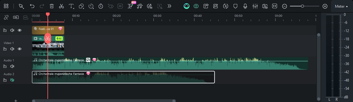 Screenshot der Filmora-Timeline mit mehreren Audio-Spuren