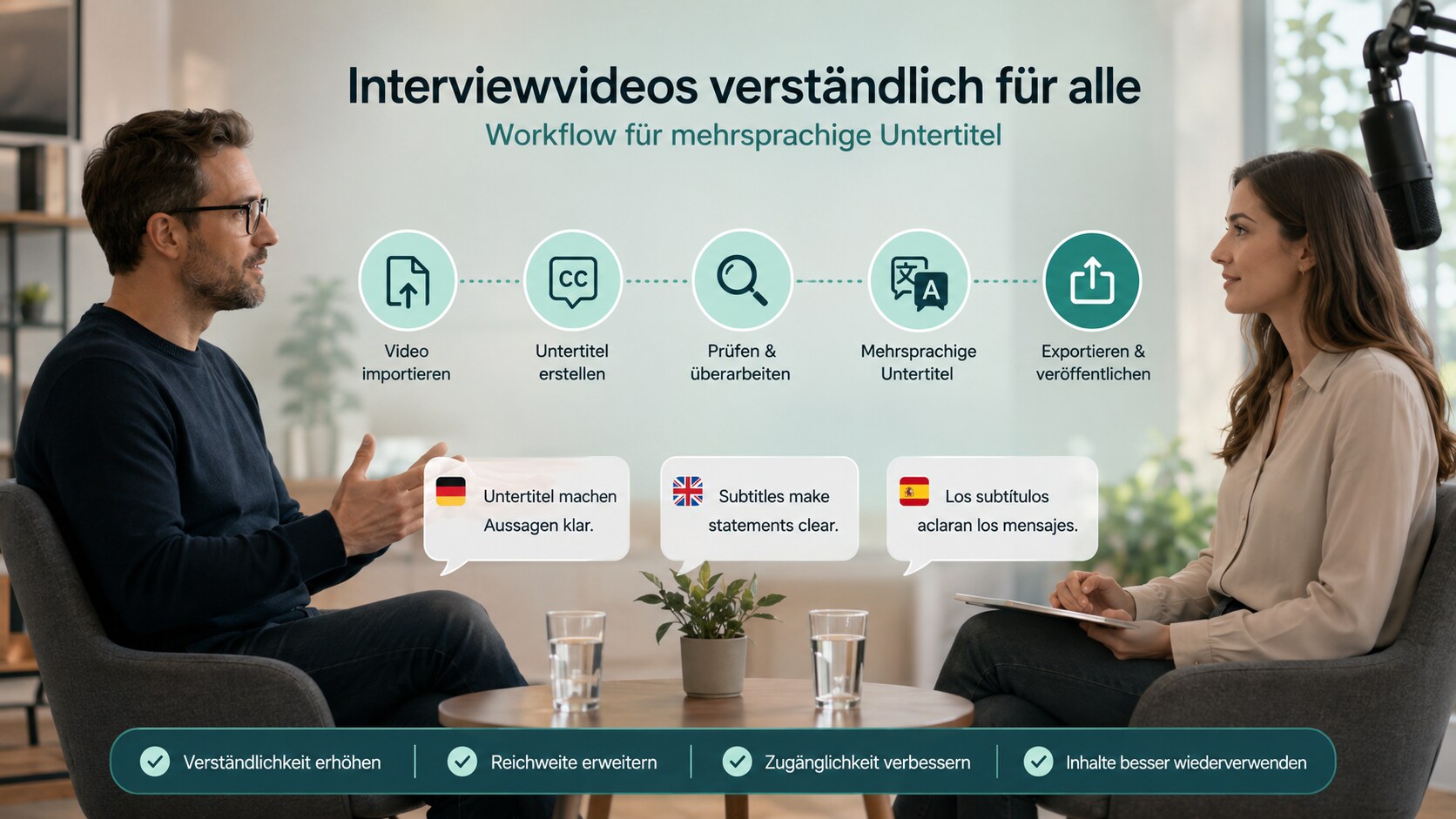 Workflow mit mehrsprachigen Untertiteln in einem Interviewvideo