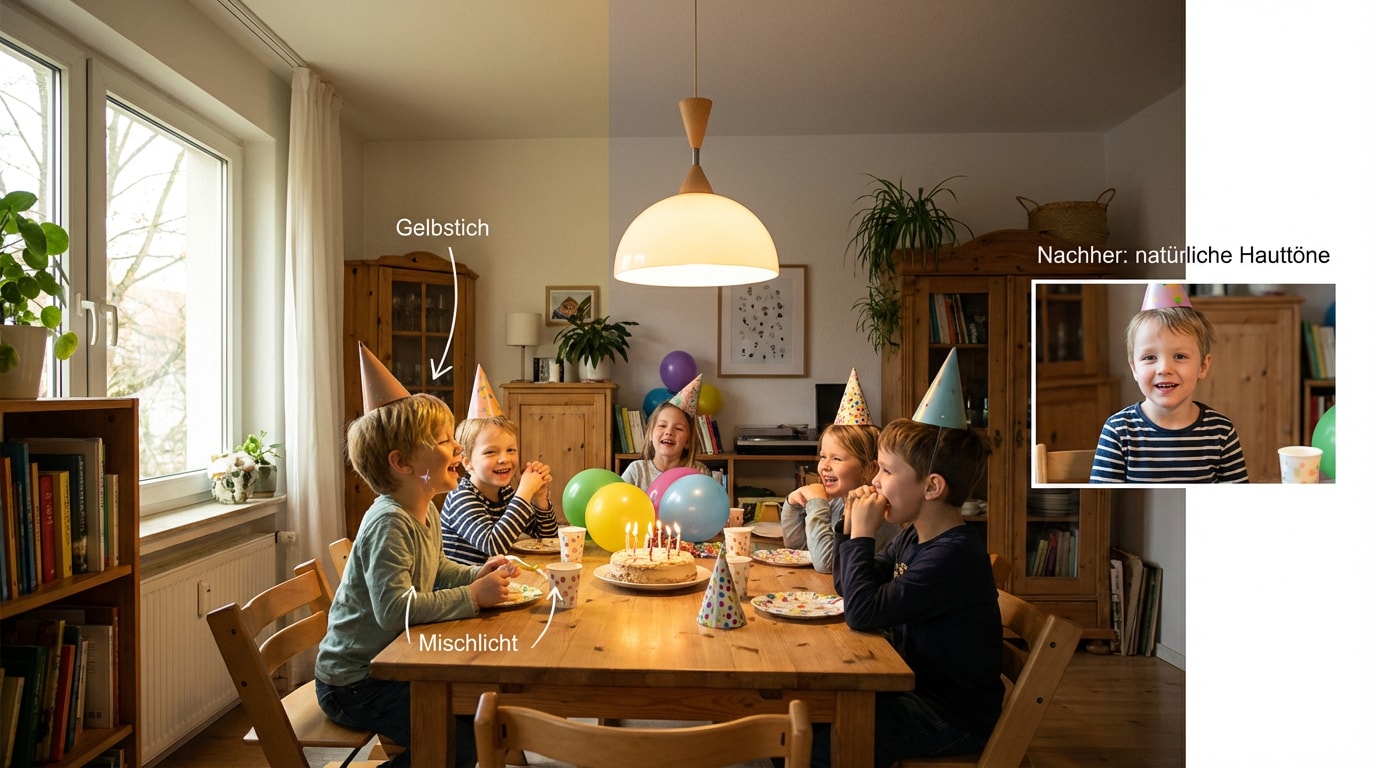 Kindergeburtstag innen: Mischlicht verursacht Gelbstich, Nachher zeigt natürliche Hauttöne