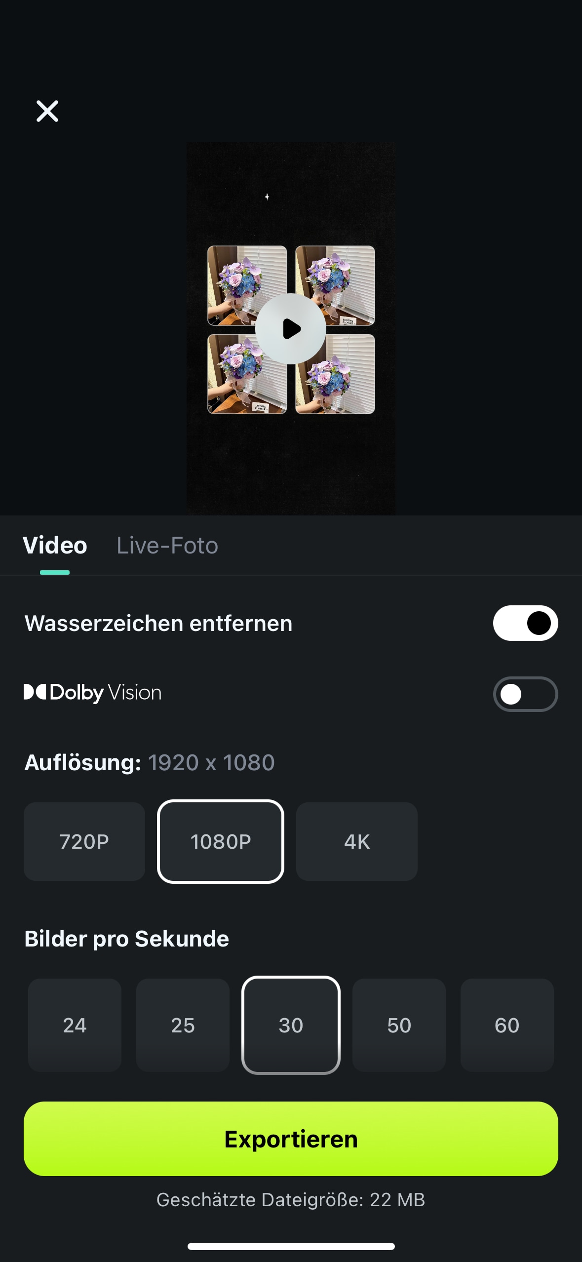 Exportieren Sie Ihr fertiges Geburtstagsbild oder -video und teilen Sie es direkt auf sozialen Netzwerken wie WhatsApp, Instagram oder anderen Plattformen.