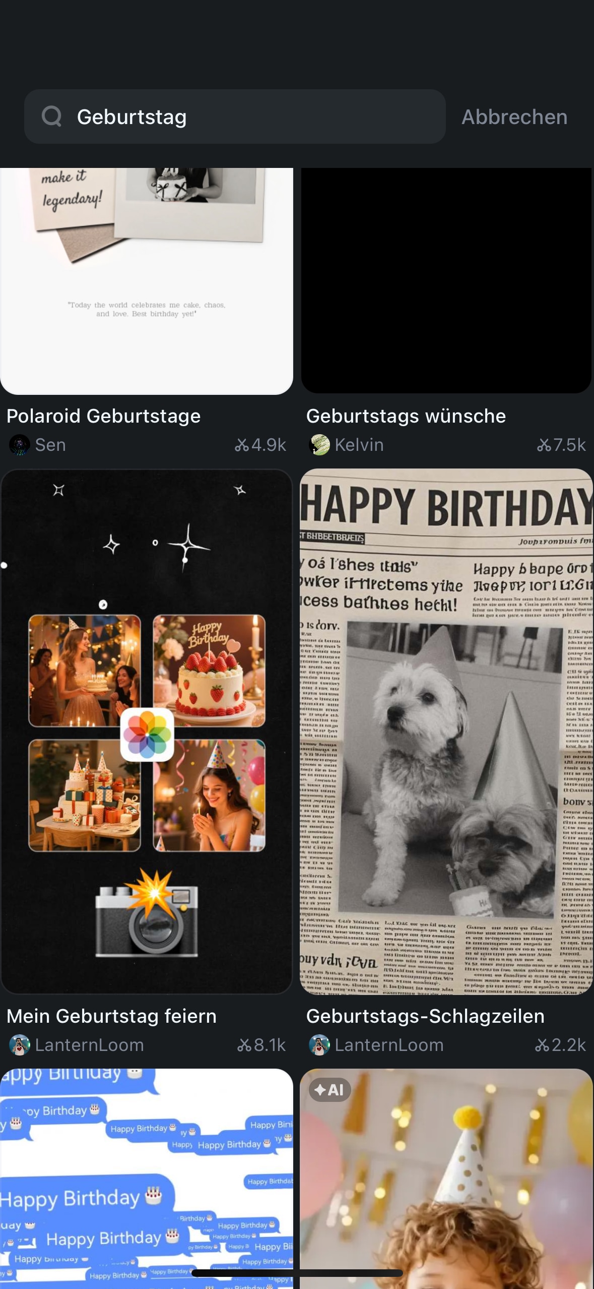 Klicken Sie unten in der Navigationsleiste auf „Vorlage“, geben Sie dann oben in der Suchleiste „Geburtstag“ ein und wählen Sie Ihre bevorzugte Vorlage für Geburtstagsgrüße aus