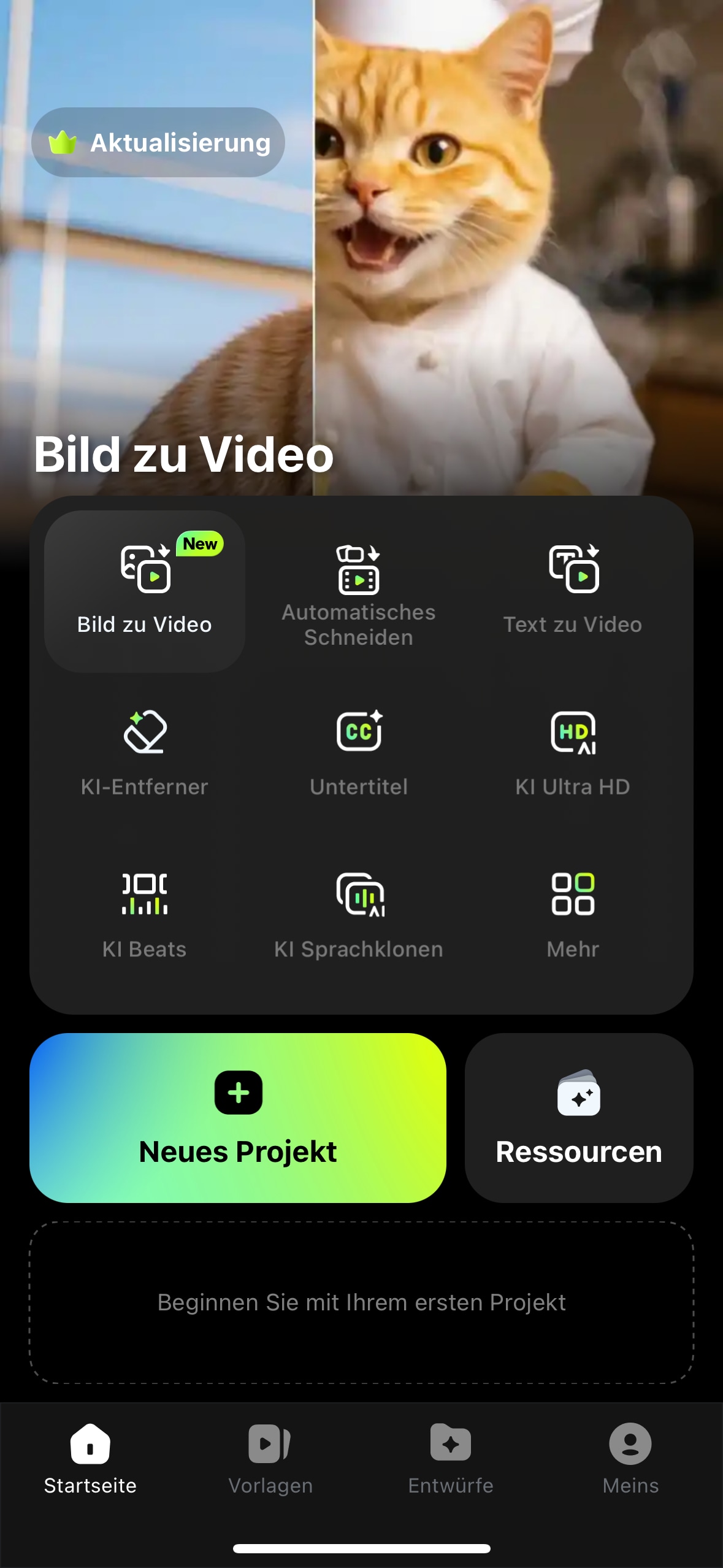 Öffnen Sie die Filmora App auf Ihrem Smartphone und tippen Sie auf „Neues Projekt starten“.