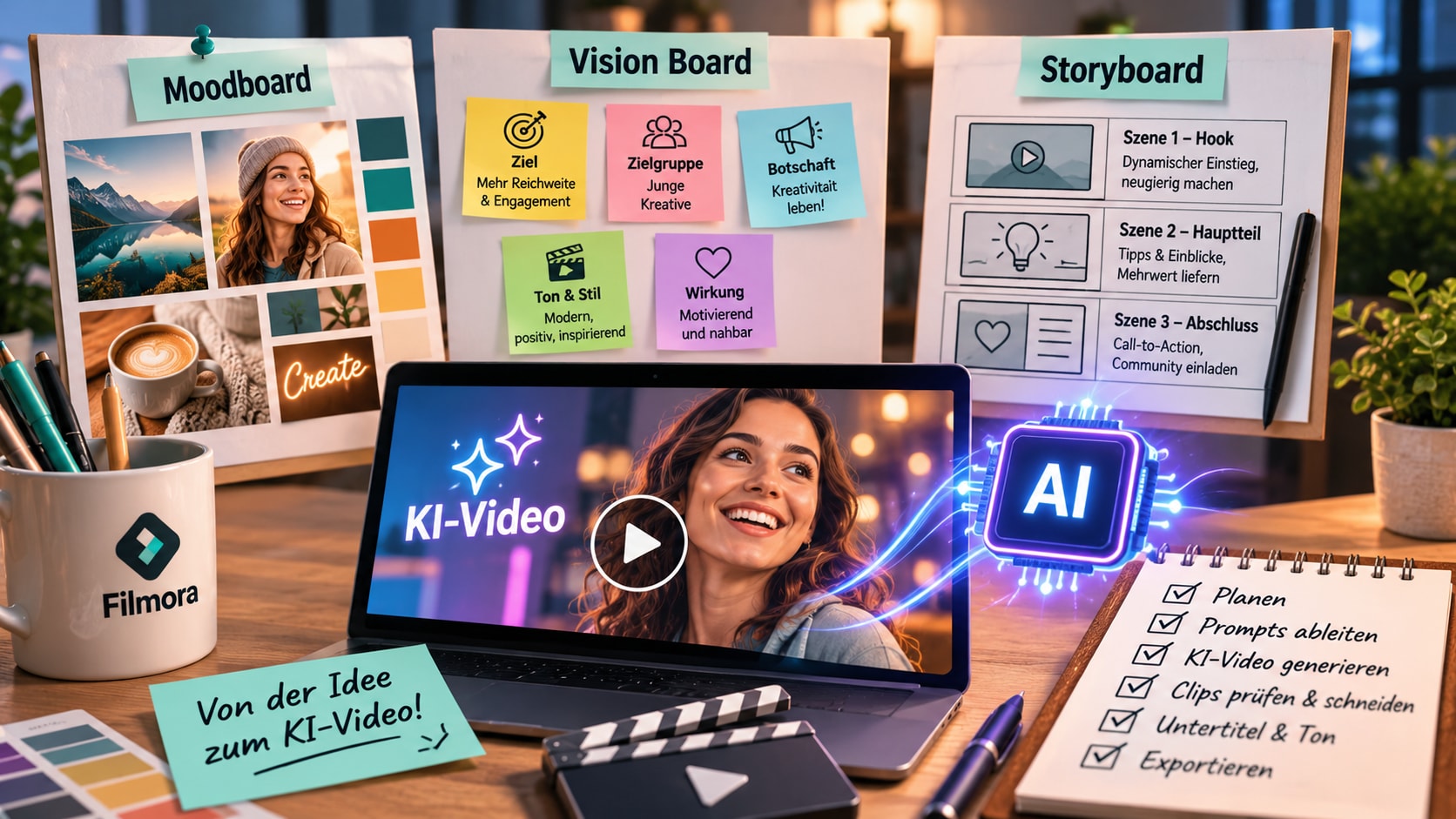 Moodboard Storyboard und Filmora Timeline für KI Video Planung