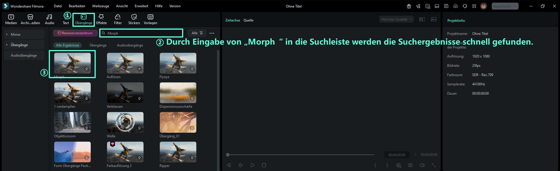 Durch Eingabe von „Morph“ in die Suchleiste werden die Suchergebnisse schnell gefunden.